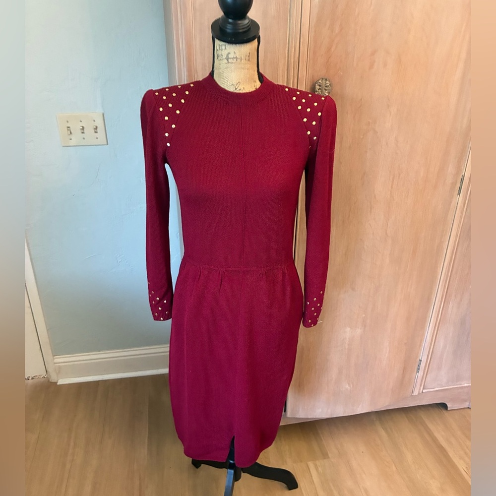 Vintage St. John Cranberry Red gold studded 80’s Santana knit dress luxury 4